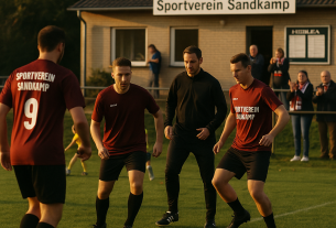 Amateurfußball beim Sportverein Sandkamp: Erwachsenentraining im Vordergrund, Jugenddrills im Hintergrund, kleine Fangru