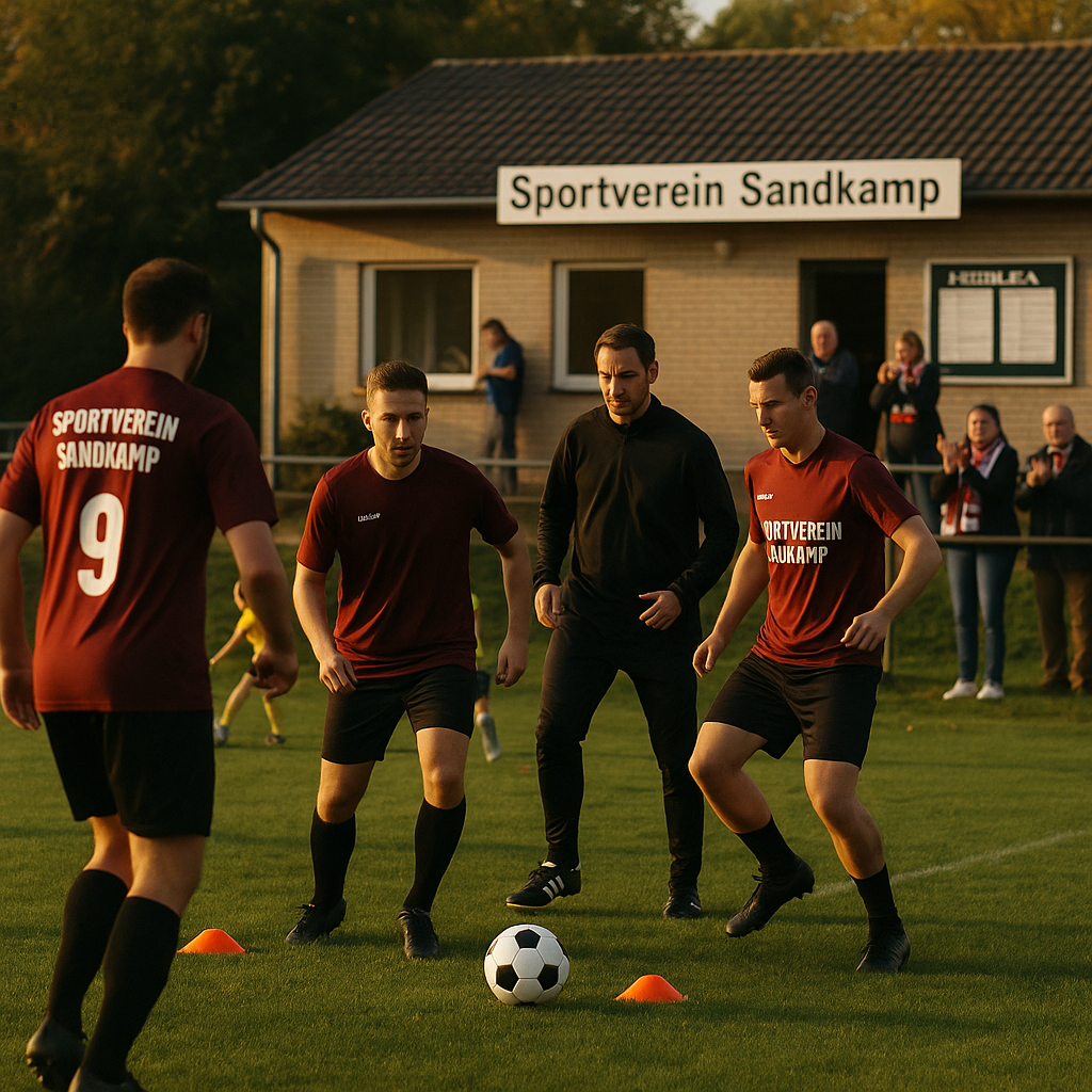 Amateurfußball beim Sportverein Sandkamp: Erwachsenentraining im Vordergrund, Jugenddrills im Hintergrund, kleine Fangru