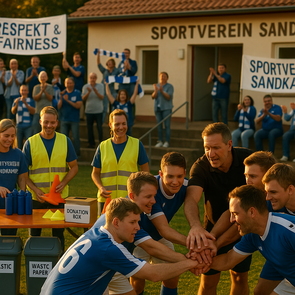 Community scene at Sportverein Sandkamp: players in blue-and-white kits huddle on a sunlit local