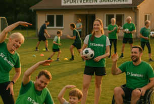 Familien, Kinder, Jugendliche und Senioren trainieren gemeinsam auf dem Gelände des Sportverein Sandkamp; warmes,