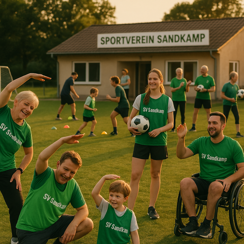 Familien, Kinder, Jugendliche und Senioren trainieren gemeinsam auf dem Gelände des Sportverein Sandkamp; warmes,